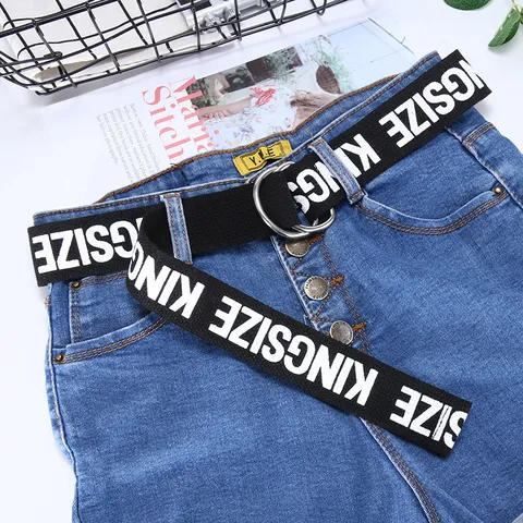 Casual Letter Print Canvas Belt With Double Ring Buckle Unisex Fashion Adjustable Waistband For Jeans Trousers