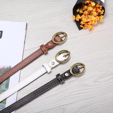 Women's Slim PU Leather Belt Retro Oval Golden Pin Stitching Casual Versatile Waist Strap Fashion Accessories
