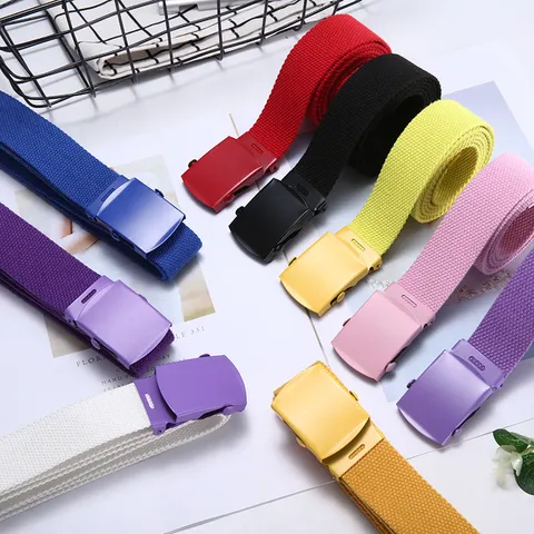 Unisex Casual Woven Canvas Belt With Alloy Auto Buckle Minimalist Versatile Student Jeans Waist Belt