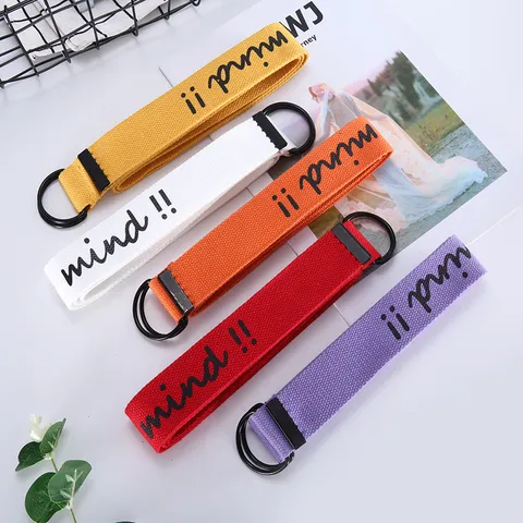 Women Canvas Woven Belt Double Ring Buckle Casual Waist Belt Letter Print Adjustable For Dress Jeans Fashion