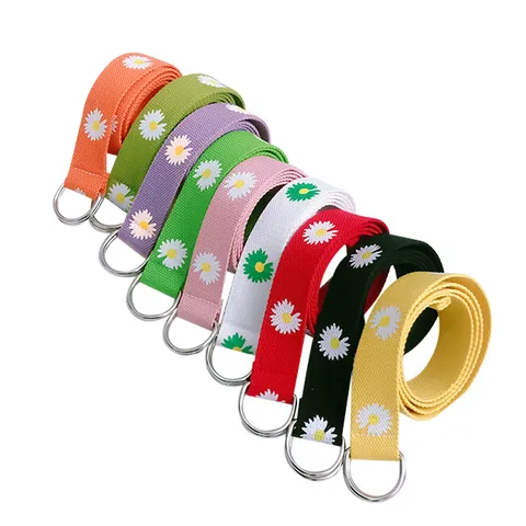 Women Canvas Belt Daisy Floral Print Double O-Ring Buckle Casual Adjustable Waist Belt Fashion Accessories For Pants