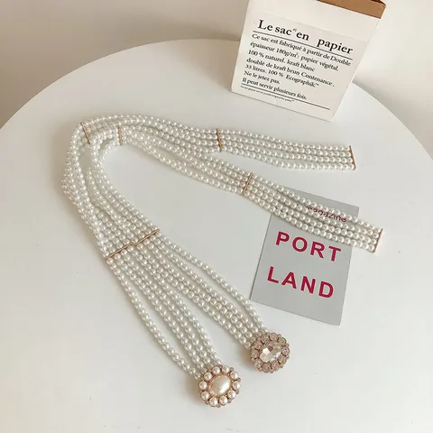 Women Korean INS Style Multi Layer Artificial Pearl Waist Belt Rhinestone Flower Metal Buckle Dress Decorative Belt