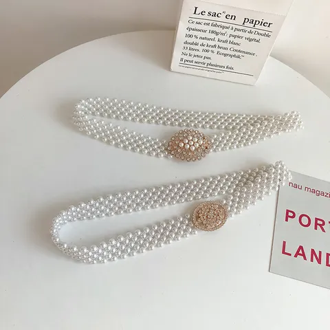 Women Korean INS Style Multi Layer Artificial Pearl Waist Belt Rhinestone Flower Metal Buckle Dress Decorative Belt