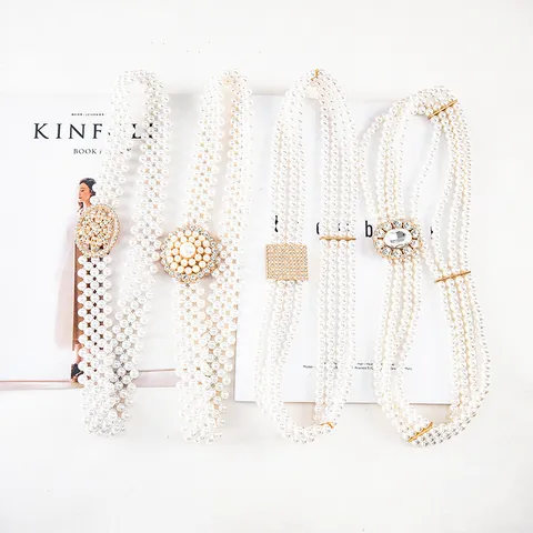 Women Fashion Corset Waist Belt Artificial Pearl Rhinestone Beaded Elastic Waistband For Dress Coat Decor