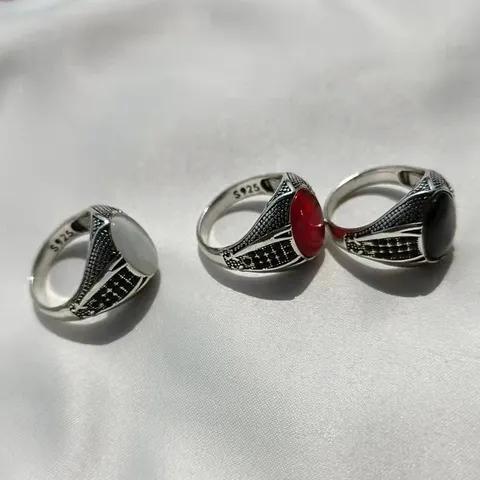 Anello in Lega Placcato Argento Antico Etnico Vintage da Uomo Motivo Intagliato Ovale Finto Pietra Occhio di Gatto Intarsiato Minimalista Gioielli