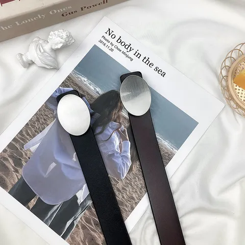 Women Genuine Leather Belt Fashion Minimalist Oval Metal Buckle Vintage Retro Casual Belt For Suit Jeans