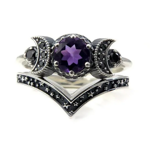 Set di Anelli Goth Bohemian in Lega Strass Dea della Tripla Luna Vintage Stella Luna Anello Sovrapponibile da Donna Gioielli Strega Regalo