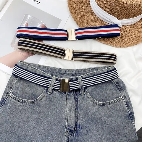 Women's Elastic Stretch Waist Belt Vintage Striped Cinch Belt With Metal Buckle Casual Fashion Dress Waistband