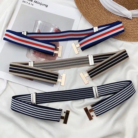 Women's Elastic Stretch Waist Belt Vintage Striped Cinch Belt With Metal Buckle Casual Fashion Dress Waistband