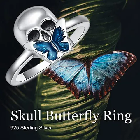 Anillo de Calavera Mariposa Azul de Aleación Punk Vintage Estilo Gótico Oscuro Anillo Galvanizado para Hombre Mujer Joyería Regalo