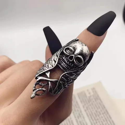 Vintage Punk Alloy Skull Ring For Men Women Gothic Rock Snake Wings Long Full Finger Armor Ring Statement Jewelry Gift