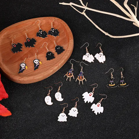 Orecchini Pendenti in Rame Smaltato di Halloween Carino Cartone Animato Fantasma Pipistrello Zucca Cappello da Strega Gioielli per Festa Donna