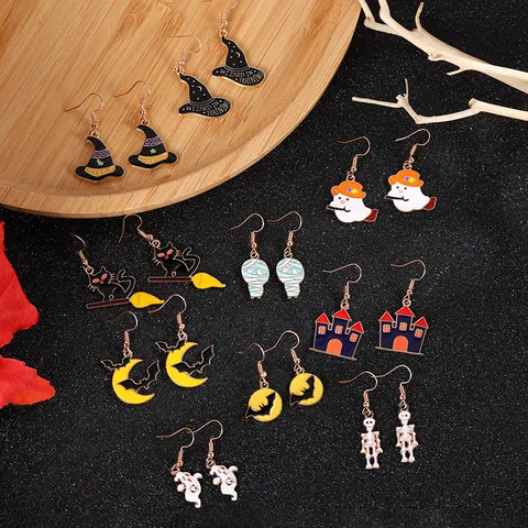 Halloween Alloy Drip Oil Enamel Drop Earrings Cartoon Ghost Skull Wizard Hat Castle Quirky Funny Party Earrings For Women Jewelry