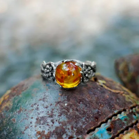 Vintage Thai Silver Amber Stone Imitation Beeswax Flower Ring For Men Women Geometric Branch Engraved Resizable Statement Ring Casual Daily Jewelry Gift