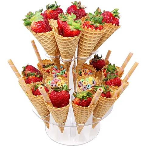 Clear Acrylic Ice Cream Cone Holder Double Layer Transparent Waffle Cone Stand Sushi Roll Display Rack For Birthday Wedding Party Buffet Stand