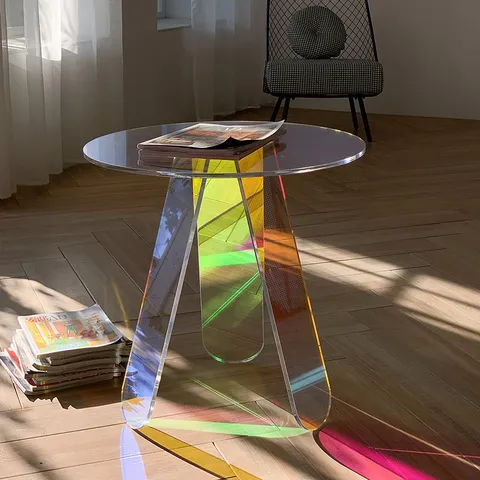 Modern Transparent Acrylic Coffee Table Iridescent Round Side Table Colorful Gradient Accent Table For Living Room Balcony
