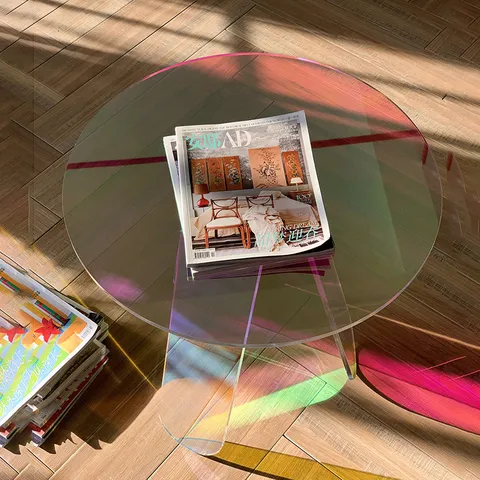Modern Transparent Acrylic Coffee Table Iridescent Round Side Table Colorful Gradient Accent Table For Living Room Balcony
