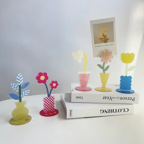 Acrylic Cute Flower Stand Desktop Memo Clip Photo Holder Office Decor Aesthetic Desk Ornament