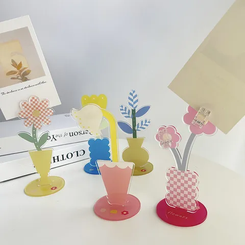 Acrylic Cute Flower Stand Desktop Memo Clip Photo Holder Office Decor Aesthetic Desk Ornament