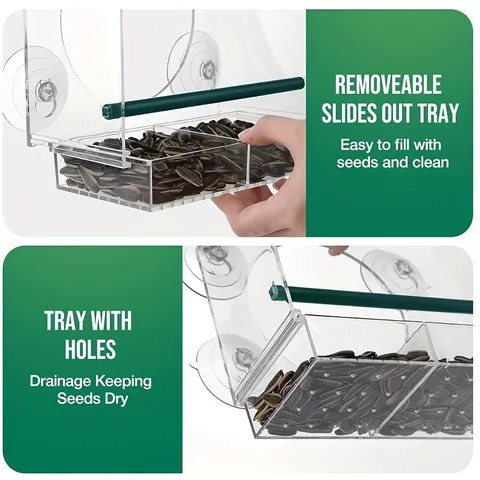 Comedero para Pájaros de Ventana de Acrílico Transparente Con Ventosas Fuertes Bandeja de Comida Extraíble Casa de Pájaros Clara