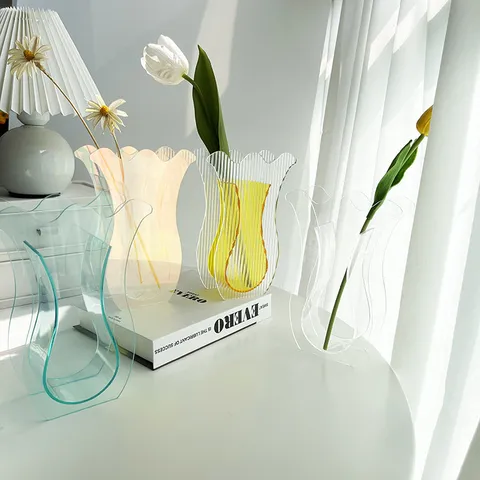 Modern Ins Style Acrylic Vase Creative Wave Transparent Colorful Desktop Ornament Living Room Floral Art Home Decor