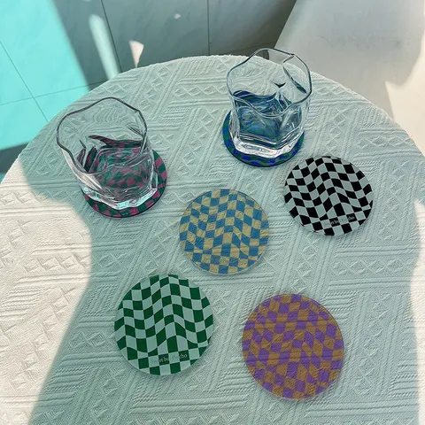 Minimalist Acrylic Coaster Wave Checkerboard Round Cup Mat Perfume Tray Coffee Bar Home Table Decoration