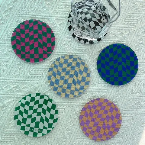 Minimalist Acrylic Coaster Wave Checkerboard Round Cup Mat Perfume Tray Coffee Bar Home Table Decoration