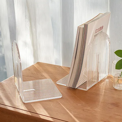 Clear Acrylic Bookends L Shaped Transparent Book Stopper Modern Desktop Bookshelf Organizer For Office And School