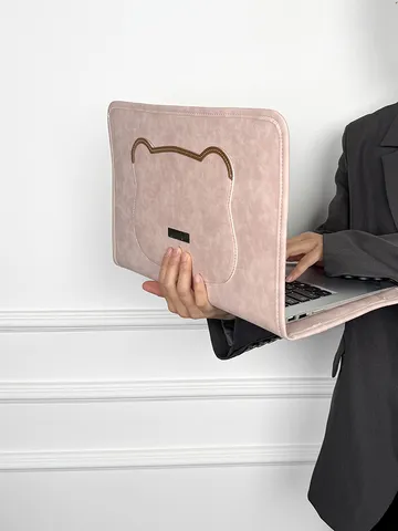 Minimalistisch Süß Bär Katzenohr PU Leder Laptop Hülle Schutzhülle Tragbare Handtasche Für Damen Mädchen