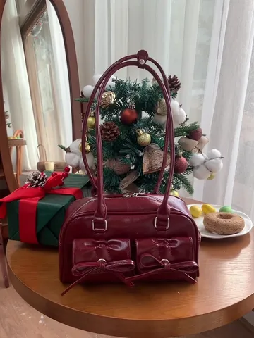 Borsa a Tracolla in Pelle PU con Fiocco da Donna Borsa da Bowling Sottobraccio Elegante Retro Borsa a Mano Stiloso