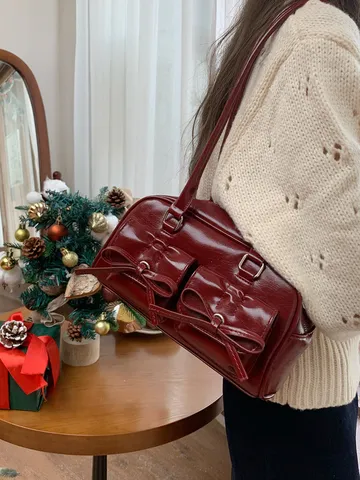 Borsa a Tracolla in Pelle PU con Fiocco da Donna Borsa da Bowling Sottobraccio Elegante Retro Borsa a Mano Stiloso