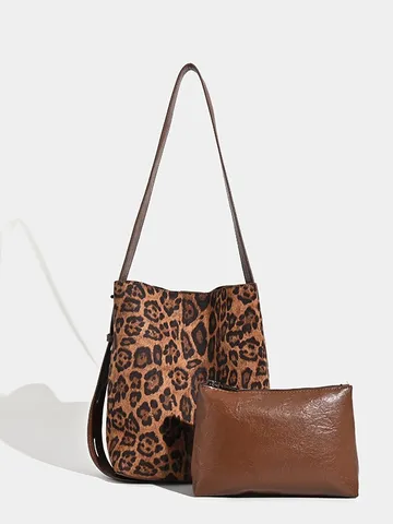 Women's Retro Suede Leopard Print Bucket Bag Large Capacity Shoulder Crossbody Tote Bag