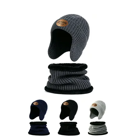 Conjunto Combinado Gorro Punto Canalé Invierno Unisex Calentador Cuello Forro Polar Gorra Orejeras Bufanda Al Aire Libre Térmico