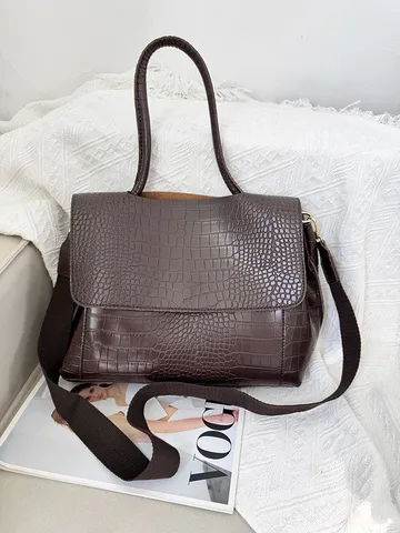 Donna Grande Capacità Borsa Tote in Pelle PU Vintage Motivo Coccodrillo Borsa a Tracolla