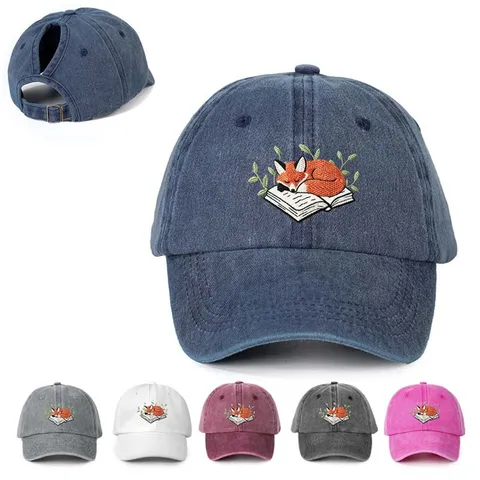 Gorra de Béisbol Bordada de Zorro Durmiente Agujero para Coleta Ajustable Poliéster Sombrero de Sol Visera Curva Deporte al Aire Libre