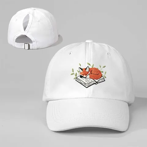 Gorra de Béisbol Bordada de Zorro Durmiente Agujero para Coleta Ajustable Poliéster Sombrero de Sol Visera Curva Deporte al Aire Libre