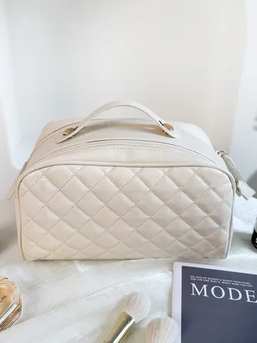 Borsa per Cosmetici da Viaggio Grande Capacità Pochette Trucco Trapuntata Borsa da Toeletta Portatile in Pelle PU Borsa di Immagazzinaggio