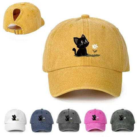 Gorra de Béisbol para Coleta de Mujer Estampado de Gato Negro Floral Poliéster Protección Solar Ajustable al Aire Libre