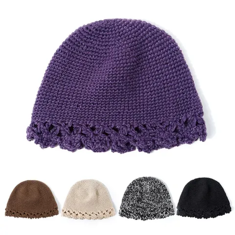 Women Knitted Bucket Hat With Hollow Lace Design Adjustable Foldable Winter Warm Knit Basin Hat Outdoor Sun Hat For Women