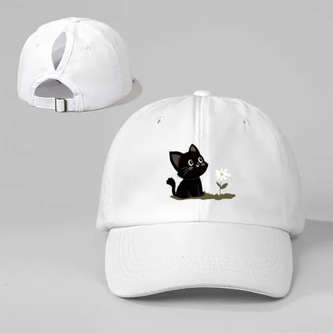 Gorra de Béisbol para Coleta de Mujer Estampado de Gato Negro Floral Poliéster Protección Solar Ajustable al Aire Libre