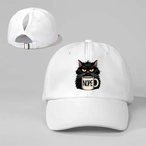 Gorra de Béisbol Estampada Gato Negro Divertido Con Agujero para Coleta Ajustable Gorro de Sol Deportivo al Aire Libre
