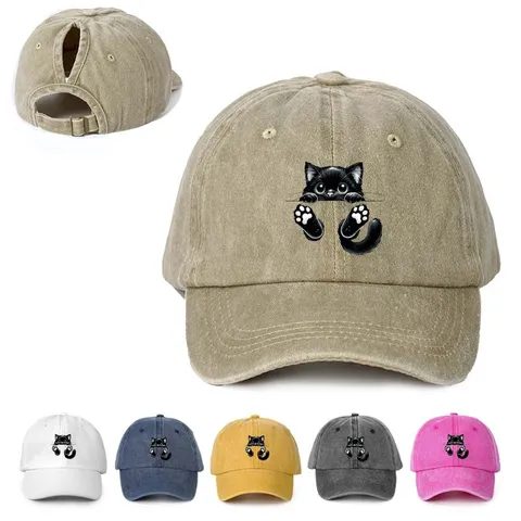 Gorra de Béisbol Coleta Lavada Envejecida para Mujer Estampado Gato Negro Dibujos Animados Visera Curva Parasol Ajustable Deporte Sombrero
