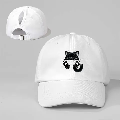 Gorra de Béisbol Coleta Lavada Envejecida para Mujer Estampado Gato Negro Dibujos Animados Visera Curva Parasol Ajustable Deporte Sombrero