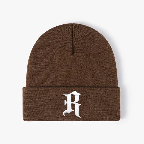 Embroidered Gothic Letter R Knit Beanie Hat Warm Windproof Outdoor Casual Acrylic Ribbed Skull Cap For Men Women Winter