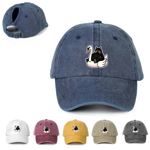 Gorra de Béisbol Coleta de Poliéster Ajustable al Aire Libre Transpirable Gorro de Sol Estampado Gato Negro Cisne Patrón Gorra Deportiva para Hombre Mujer