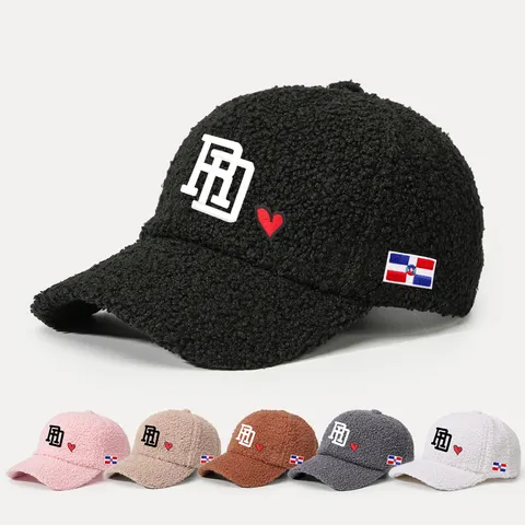 Baseball Cap Polyester Faux Lamb Wool Embroidery RD Heart Flag Curved Brim Adjustable Winter Sun Hat For Women Men Outdoor Casual