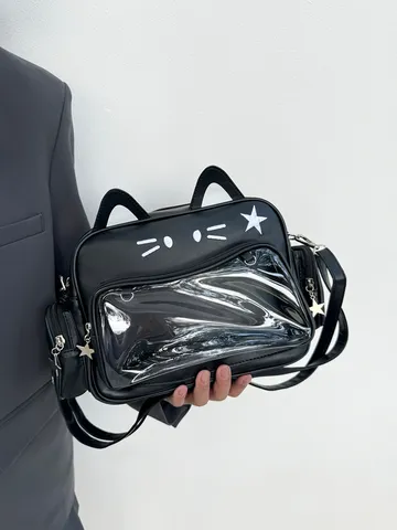 Y2K Carino Orecchio di Gatto Ita Bag Pelle PU Tasca PVC Trasparente Borsa a Tracolla Zaino Casual Moda Daypack