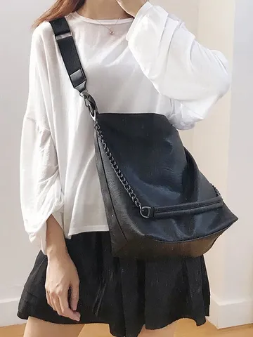 Womens Casual PU Leather Bucket Bag Large Capacity Solid Color Shoulder Crossbody Bag With Chain Strap Fashion Daily Handbag