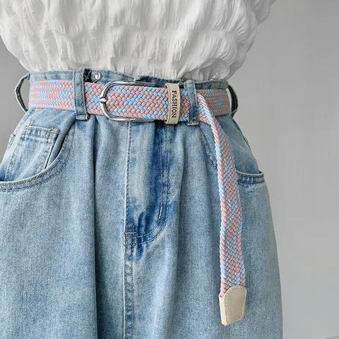 Women's Woven Canvas Belt Elastic Casual Fashion Belt With Metal Pin Buckle For Jeans And Trousers