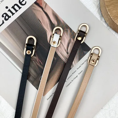 Women's PU Leather Thin Belt Versatile Solid Color Oval Metal Buckle Dress Suit Shirt Waist Belt Fashion